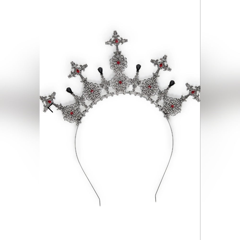 DollsKill Gothic Cross Crown - Widow Style - Black & Red Rhinestone Headpiece -